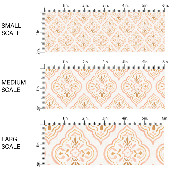 This scale chart of small scale, medium scale, and large scale of these boho pattern themed fabric by the yard features cream boho medallion pattern. This fun pattern fabric can be used for all your sewing and crafting needs!