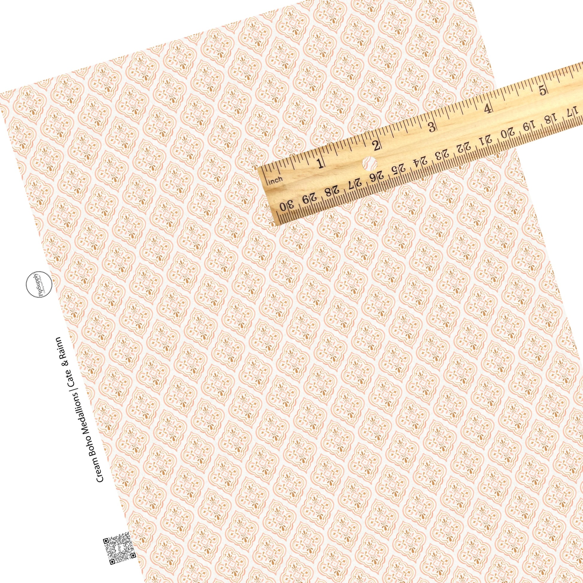 These boho pattern themed faux leather sheets contain the following design elements: cream boho medallion pattern. Our CPSIA compliant faux leather sheets or rolls can be used for all types of crafting projects.