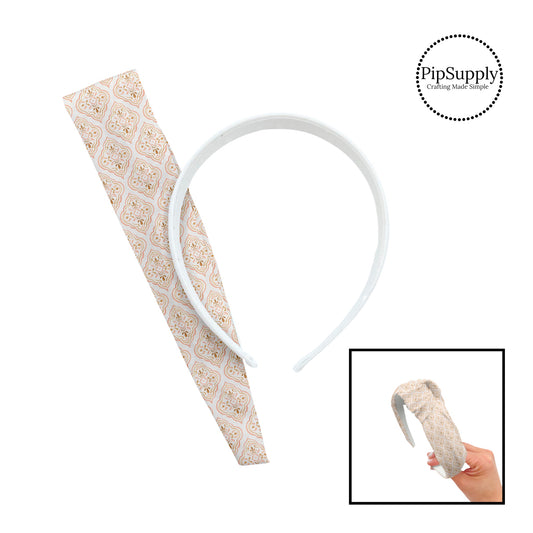 These boho pattern themed headband kits are easy to assemble and come with everything you need to make your own knotted headband. These pattern kits include a custom printed and sewn fabric strip and a coordinating headband. The headband kits features cream boho medallion pattern.
