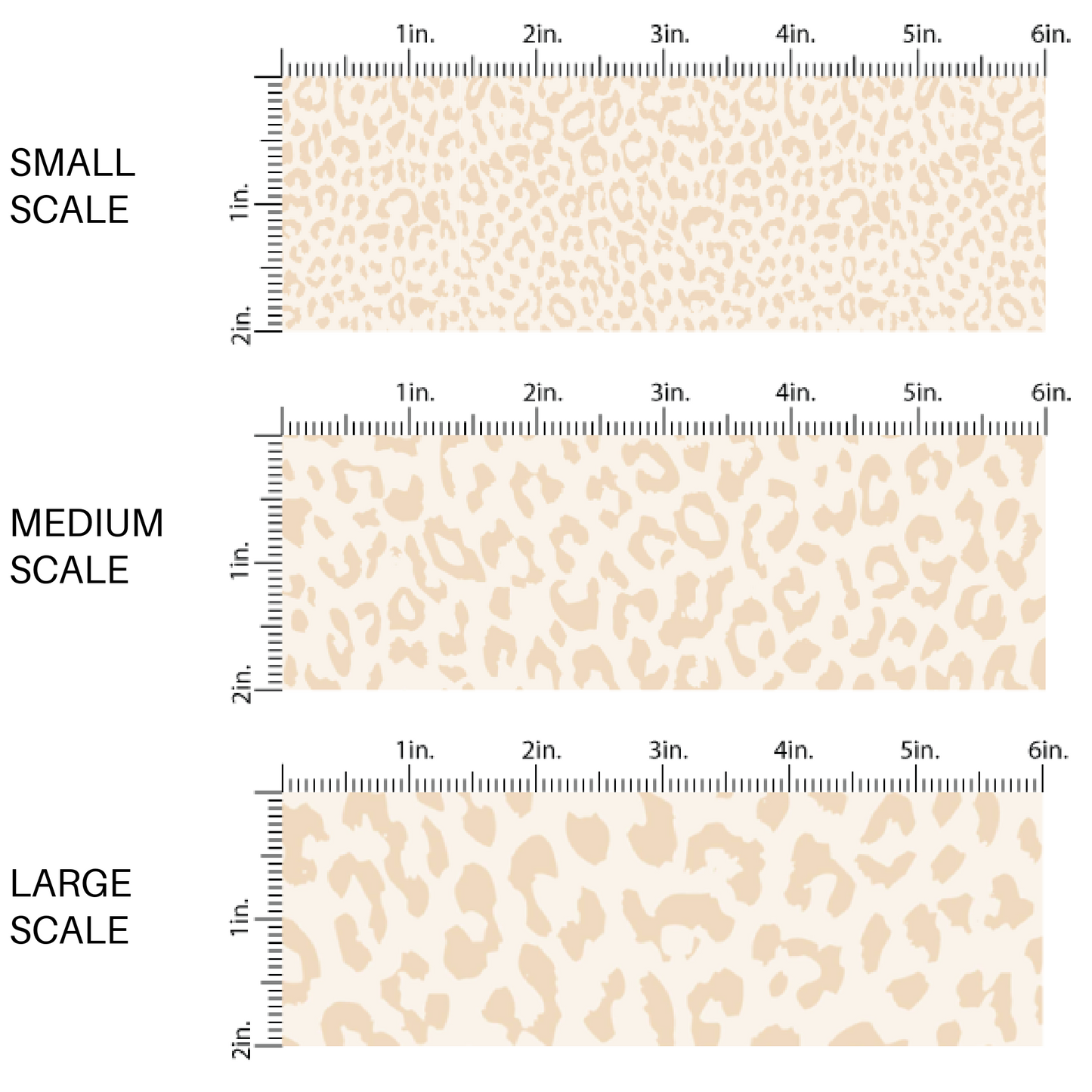 This scale chart of small scale, medium scale, and large scale of this classic leopard pattern themed fabric by the yard features cream colored leopard print. This fun Valentine's Day themed fabric can be used for all your sewing and crafting needs! 