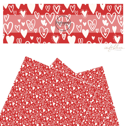 These Valentine's pattern themed faux leather sheets contain the following design elements: cream colored doodle hearts on red. Our CPSIA compliant faux leather sheets or rolls can be used for all types of crafting projects.