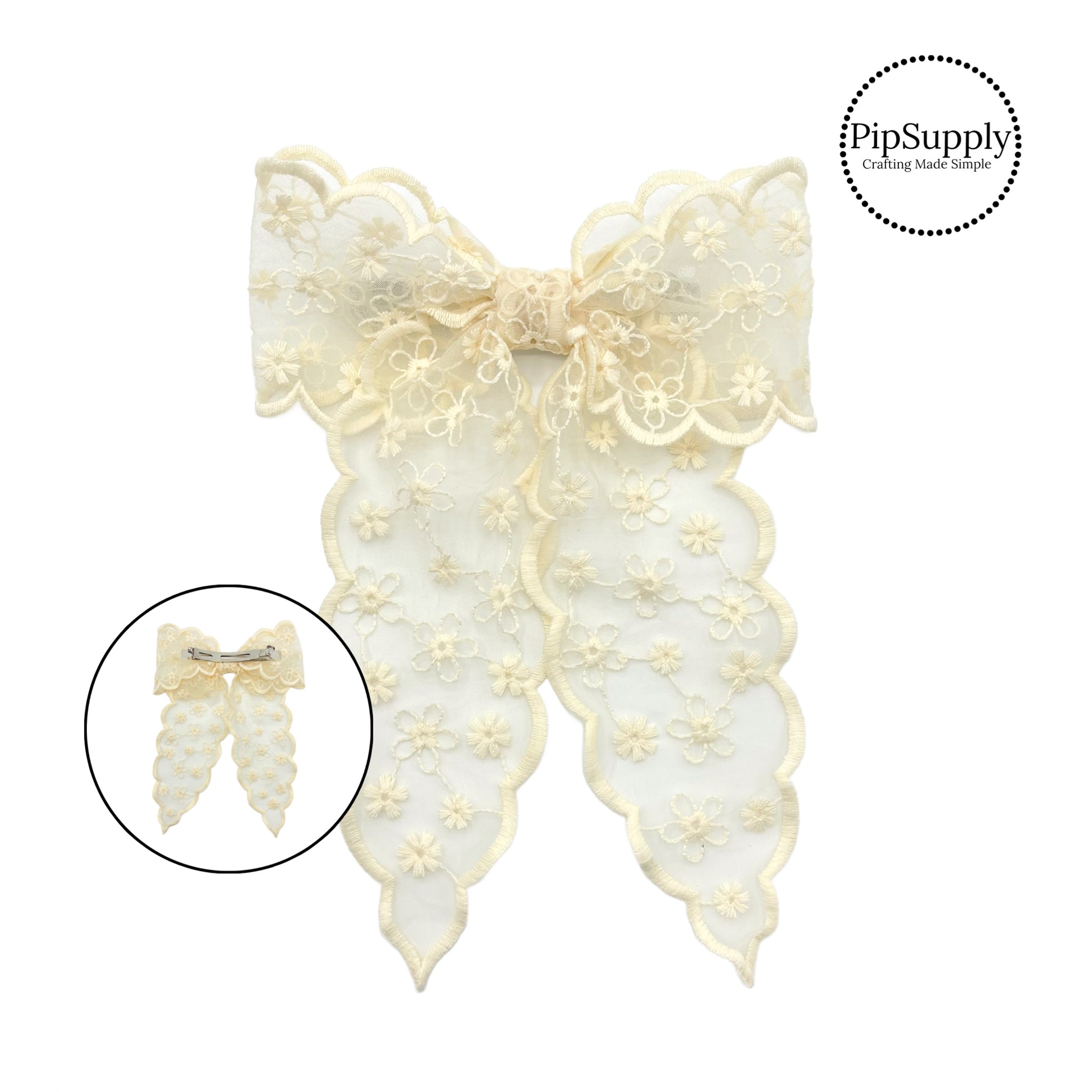 These cream colored tulle pointed large hair bow strips are ready to package and resell to your customers no sewing or measuring necessary! These come pre-tied with an attached barrette clip. The floral stitching on the bow is perfect for spring. 