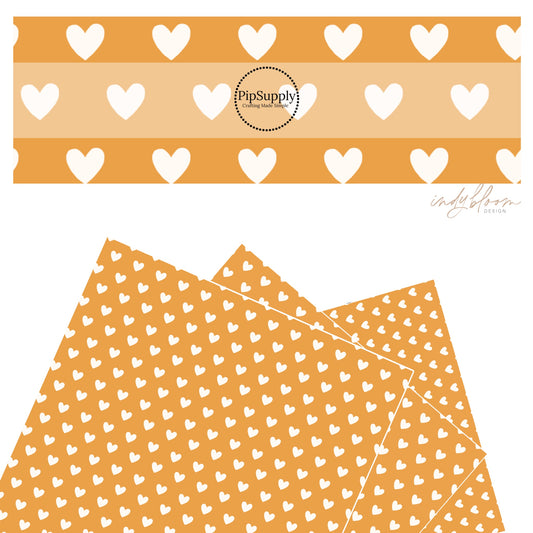 These Valentine's pattern themed faux leather sheets contain the following design elements: white hearts on mustard. Our CPSIA compliant faux leather sheets or rolls can be used for all types of crafting projects.