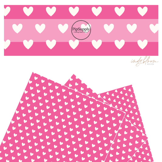 These Valentine's pattern themed faux leather sheets contain the following design elements: white hearts on bright pink. Our CPSIA compliant faux leather sheets or rolls can be used for all types of crafting projects.