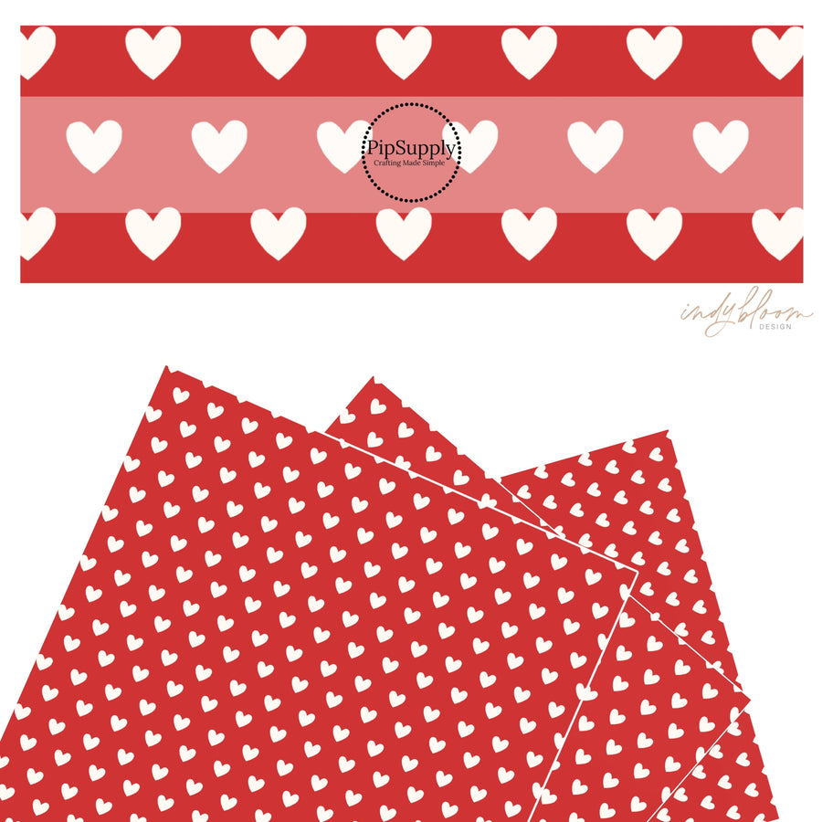 These Valentine's pattern themed faux leather sheets contain the following design elements: white hearts on red. Our CPSIA compliant faux leather sheets or rolls can be used for all types of crafting projects.