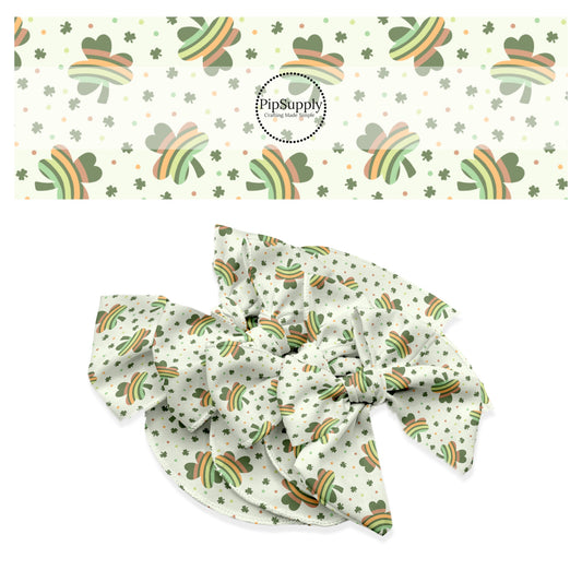 These St. Patrick's Day pattern themed no sew bow strips can be easily tied and attached to a clip for a finished hair bow. These patterned bow strips are great for personal use or to sell. These bow strips features rainbow clovers on cream.