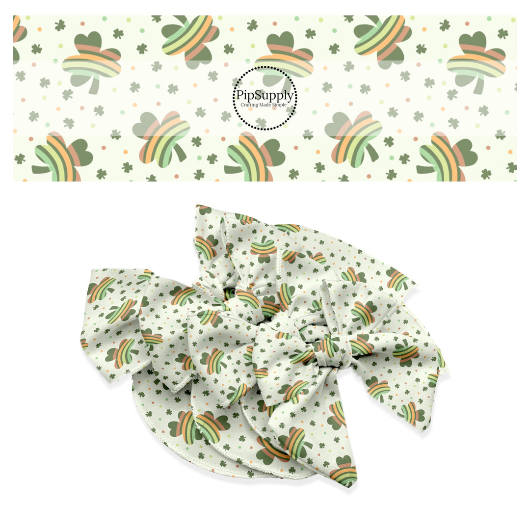 These St. Patrick's Day pattern themed no sew bow strips can be easily tied and attached to a clip for a finished hair bow. These patterned bow strips are great for personal use or to sell. These bow strips features rainbow clovers on cream.