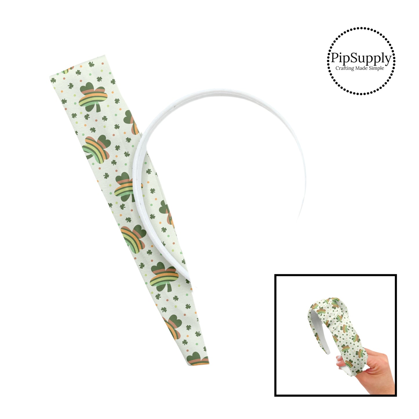 These patterned headband kits are easy to assemble and come with everything you need to make your own knotted headband. These St. Patrick's Day kits include a custom printed and sewn fabric strip and a coordinating velvet headband. This cute pattern features rainbow clovers on cream. 