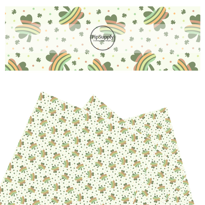 These St. Patrick's Day pattern themed faux leather sheets contain the following design elements: rainbow clovers on cream. Our CPSIA compliant faux leather sheets or rolls can be used for all types of crafting projects.