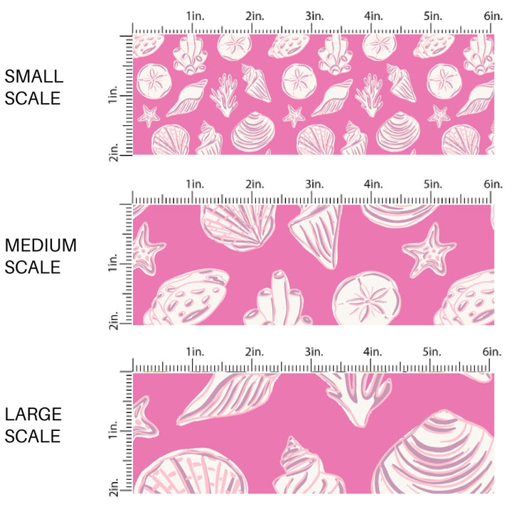 This scale chart of small scale, medium scale, and large scale of this beach fabric by the yard features white seashells on pink. This fun themed fabric can be used for all your sewing and crafting needs!