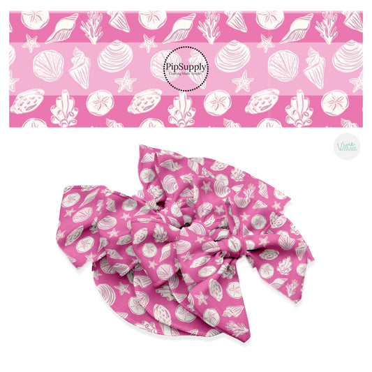 These beach themed no sew bow strips can be easily tied and attached to a clip for a finished hair bow. These patterned bow strips are great for personal use or to sell. These bow strips feature white seashells on pink.