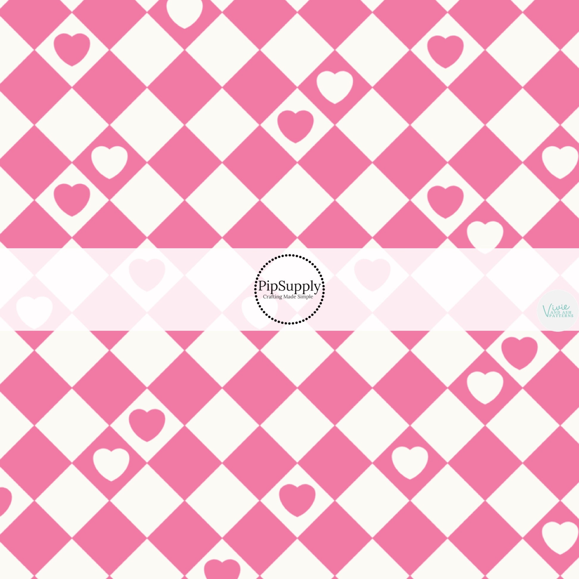 Hearts on Pink and White Checkered Print Fabric by the Yard