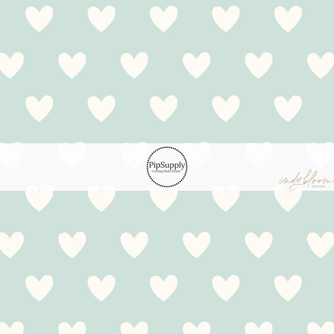 Cream Hearts on Pastel Aqua Fabric by the Yard