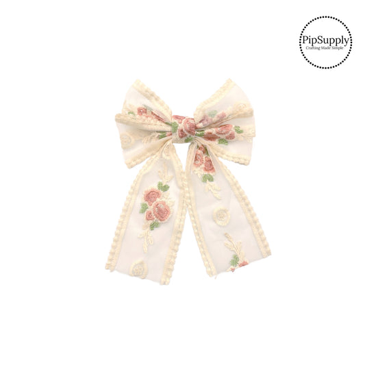 Theses summer cream with pink embroidered rose medium hair bows are ready to package and resell to your customers no sewing or measuring necessary! These come pre-tied with an attached barrette clip. The delicate bow is perfect for all hair styles for kids and adults.