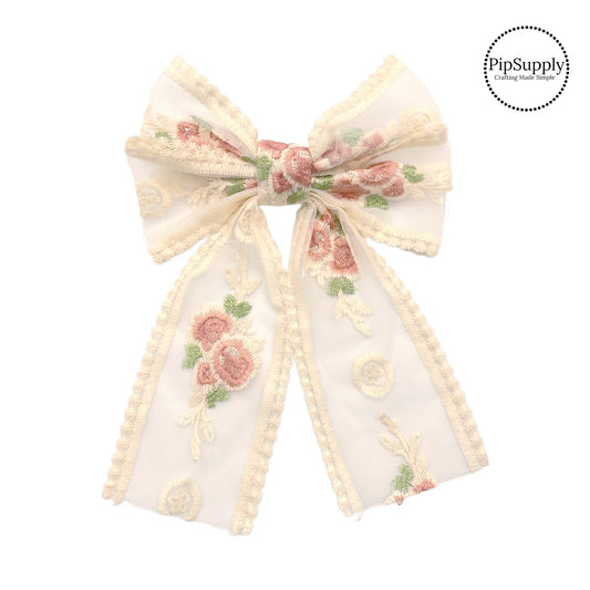 Theses summer cream with pink embroidered rose x-large hair bows are ready to package and resell to your customers no sewing or measuring necessary! These come pre-tied with an attached barrette clip. The delicate bow is perfect for all hair styles for kids and adults.