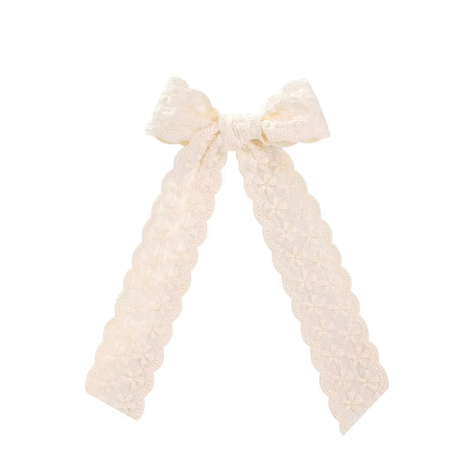 Cream Scalloped Long Tail Hair Bow w/ Clip