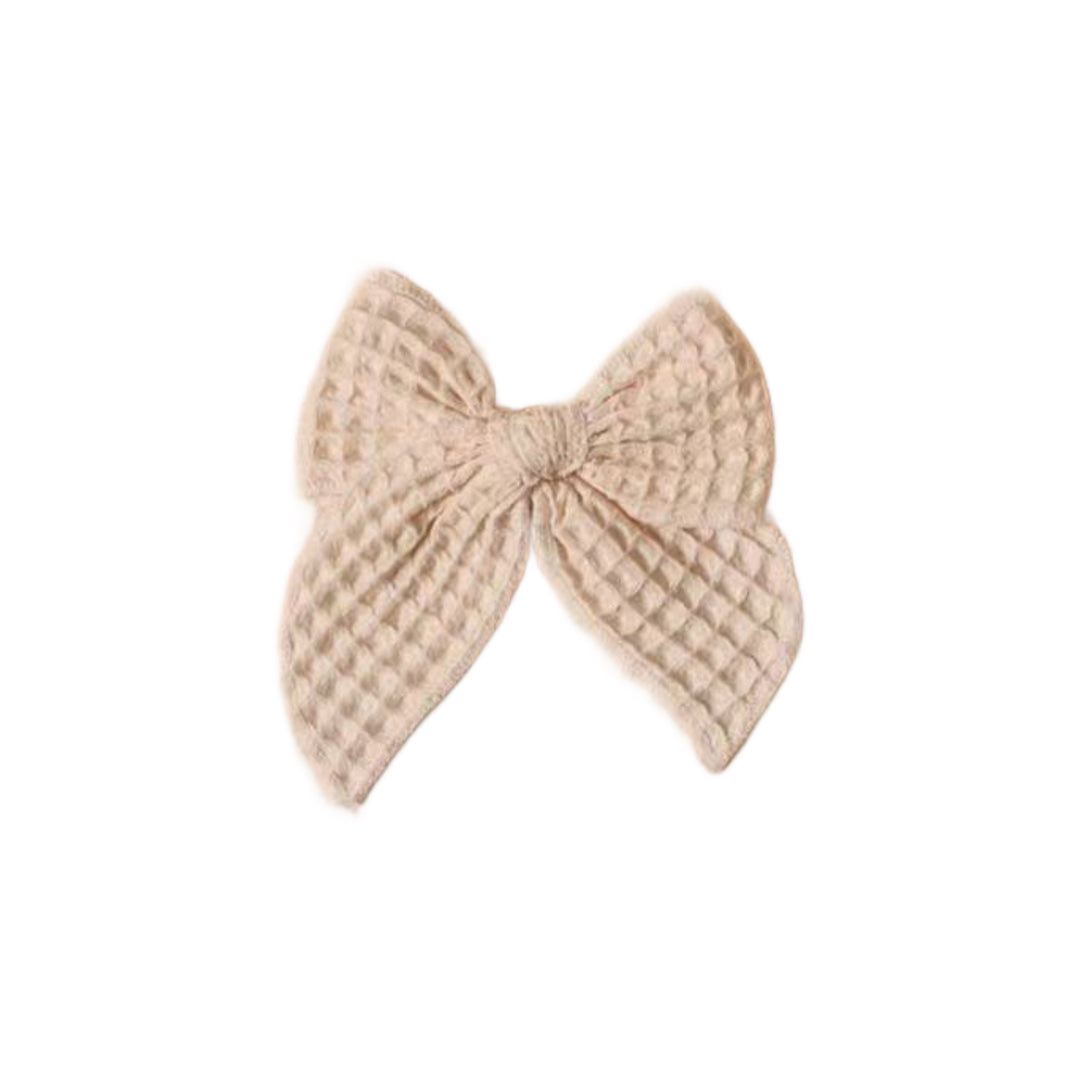 Cream Waffle Hair Tied Bow w/ Clip