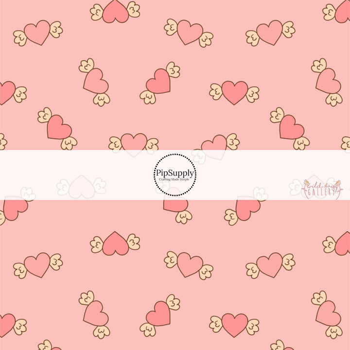 Hearts With Cupid Wings on Light Pink Fabric by the Yard.