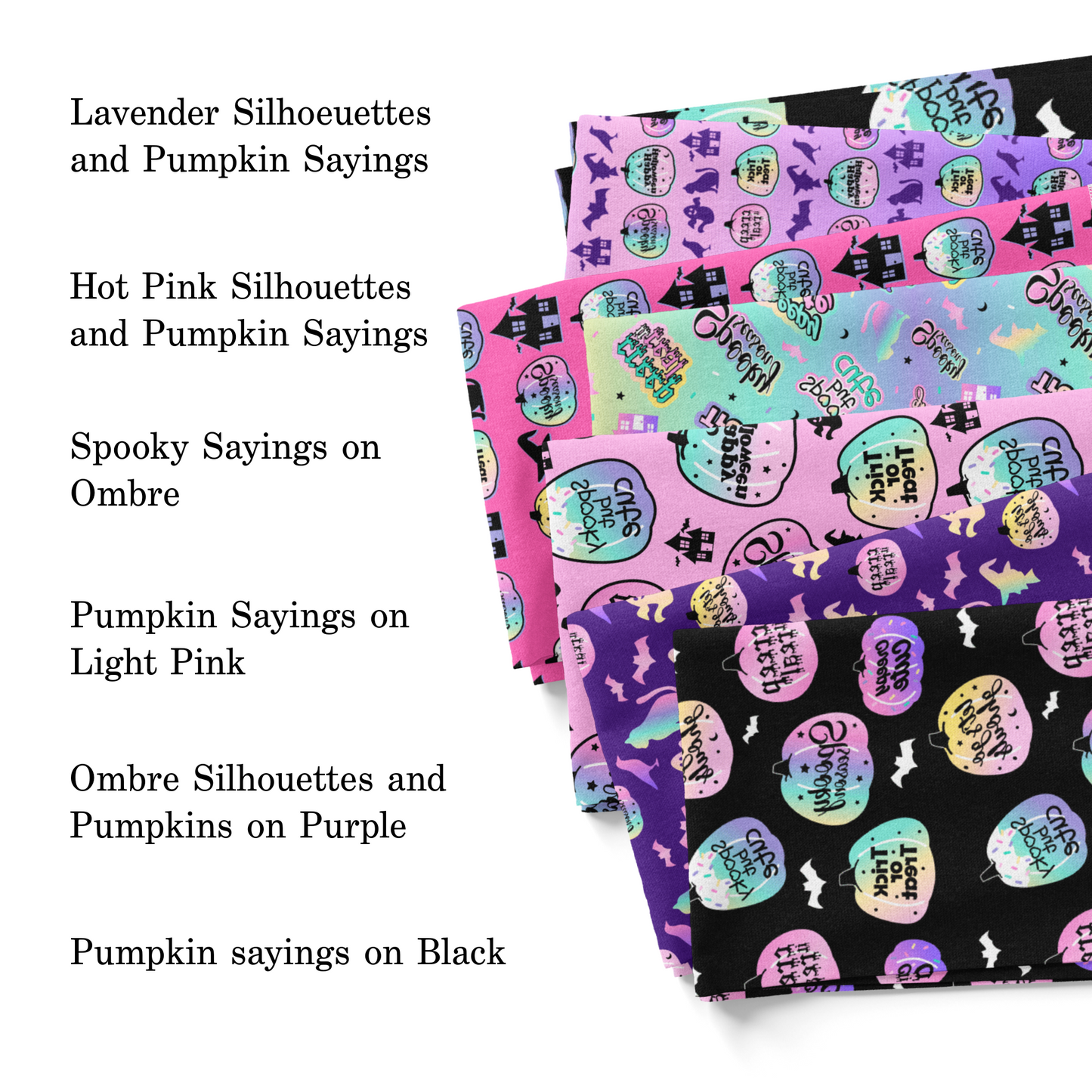 Cute World Studio's 2023 Halloween collection fabric swatches.
