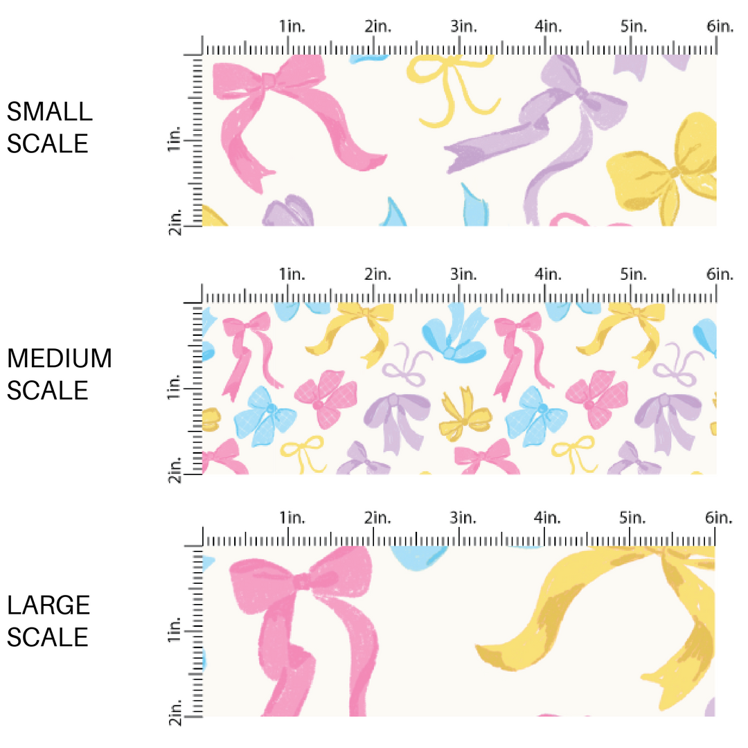 Yellow, Pink, Purple, and Blue Girly Bows on Cream Fabric by the Yard scaled image guide.