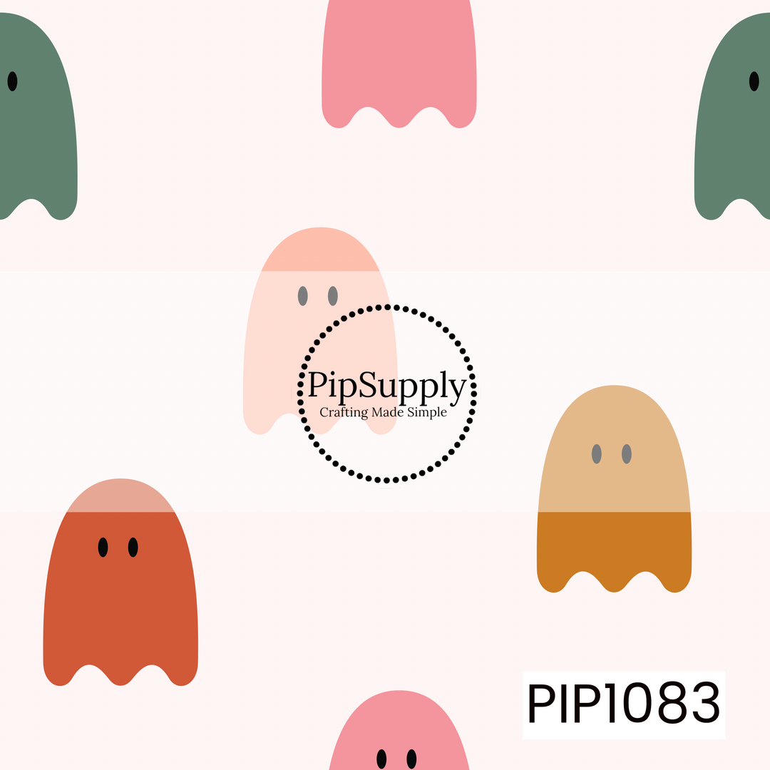A playful seamless pattern featuring scattered minimalist ghosts in muted shades of pink, sage green, terracotta, blush, and mustard on a soft cream background. The simple, rounded ghost shapes create a cute retro Halloween aesthetic with a clean, modern feel.
