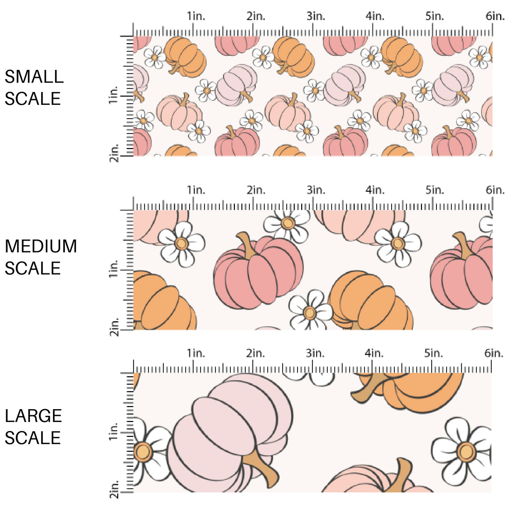 Orange and pink pumpkins and white daisies on off-white fabric by the yard scaled image guide.