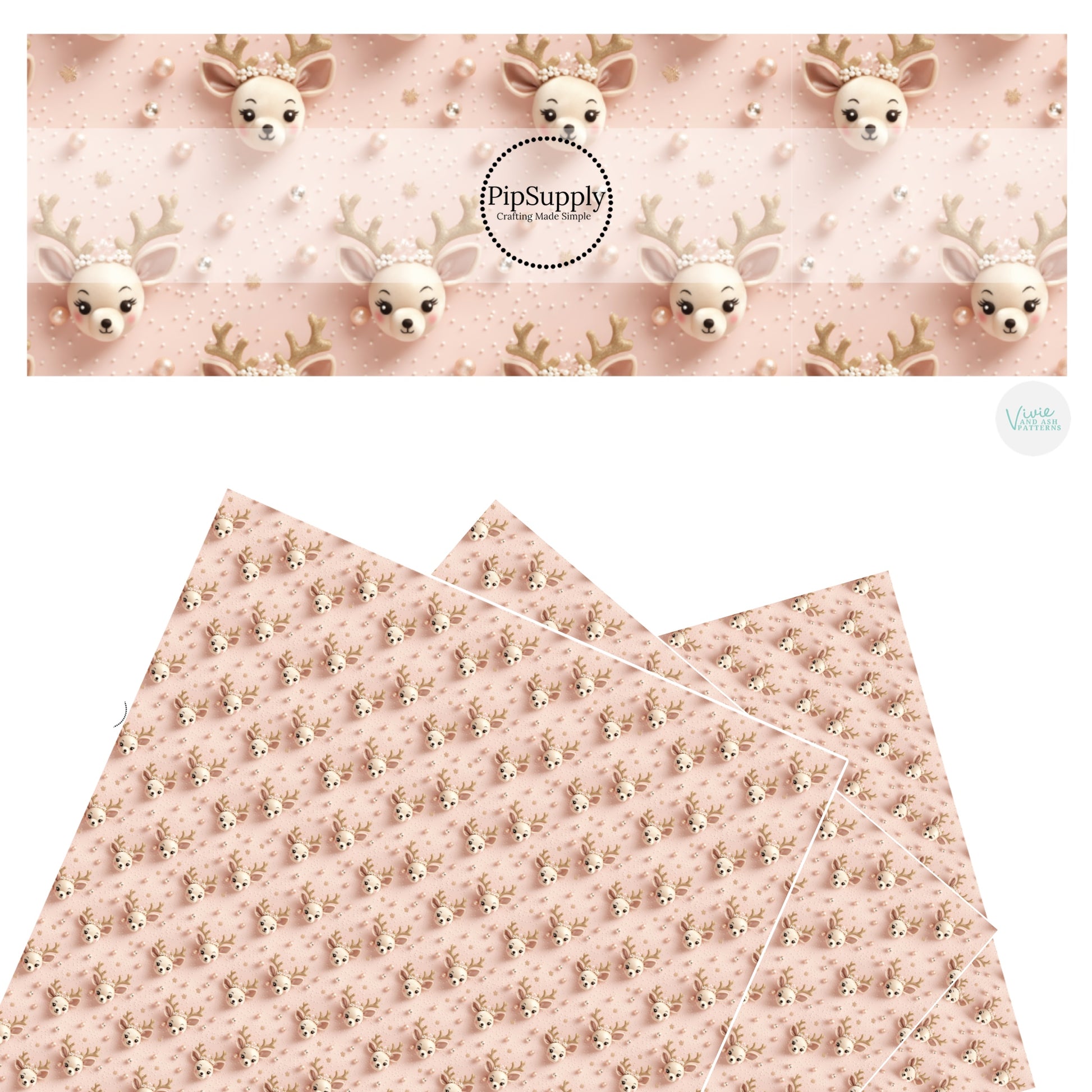 These holiday pattern themed faux leather sheets contain the following design elements: reindeers surrounded by rose gold pearls on light pink. Our CPSIA compliant faux leather sheets or rolls can be used for all types of crafting projects.