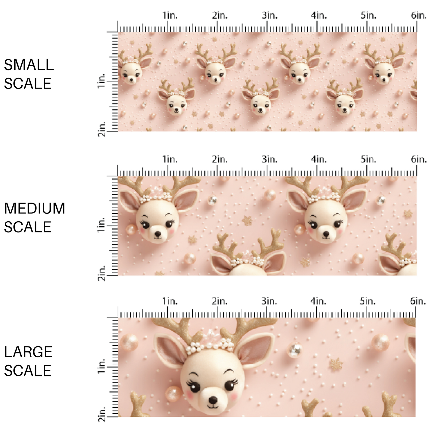This scale chart of small scale, medium scale, and large scale of these holiday pattern themed fabric by the yard features reindeers surrounded by rose gold pearls on light pink. This fun Christmas fabric can be used for all your sewing and crafting needs!
