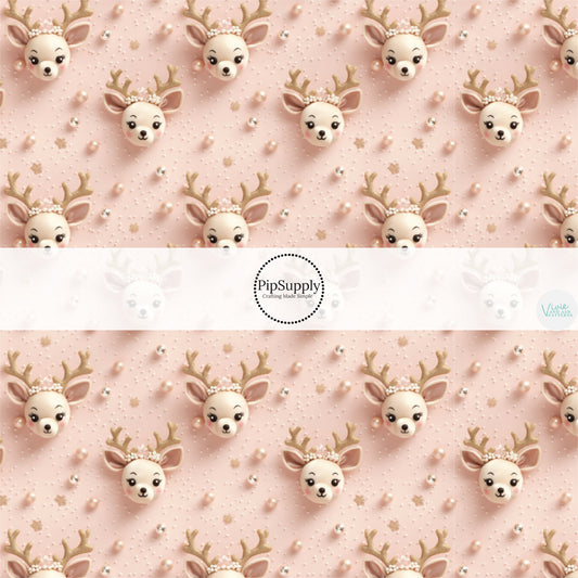 These holiday pattern themed fabric by the yard features reindeers surrounded by rose gold pearls on light pink. This fun Christmas fabric can be used for all your sewing and crafting needs!