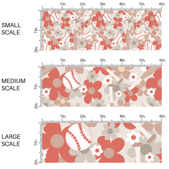 Gray fabric by the yard scaled image guide with baseballs, bats, and florals.