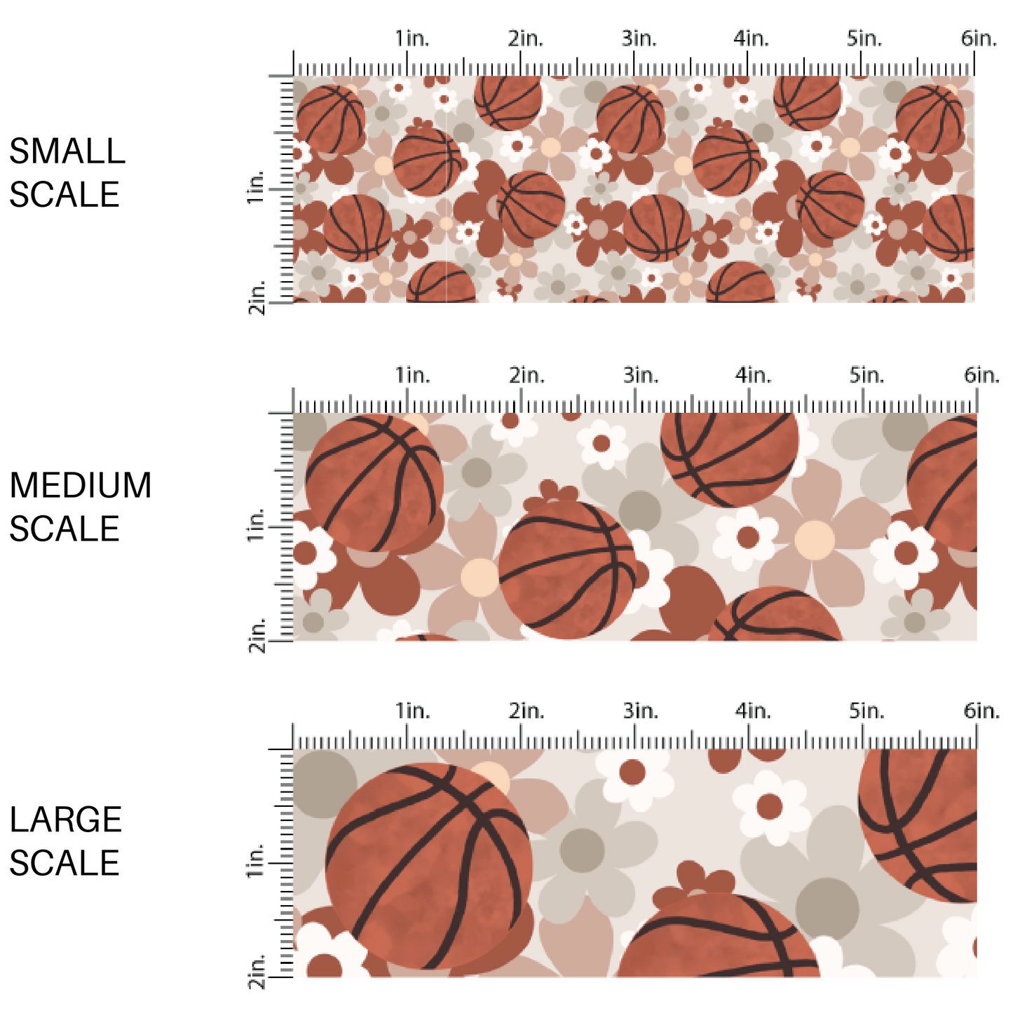 Light gray fabric by the yard scaled image guide with basketballs and gray, red, and white florals.
