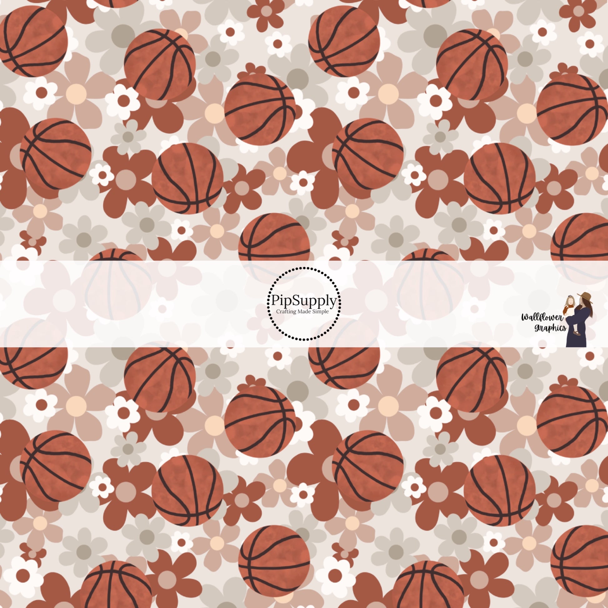 Light gray fabric by the yard with basketballs and gray, red, and white florals.