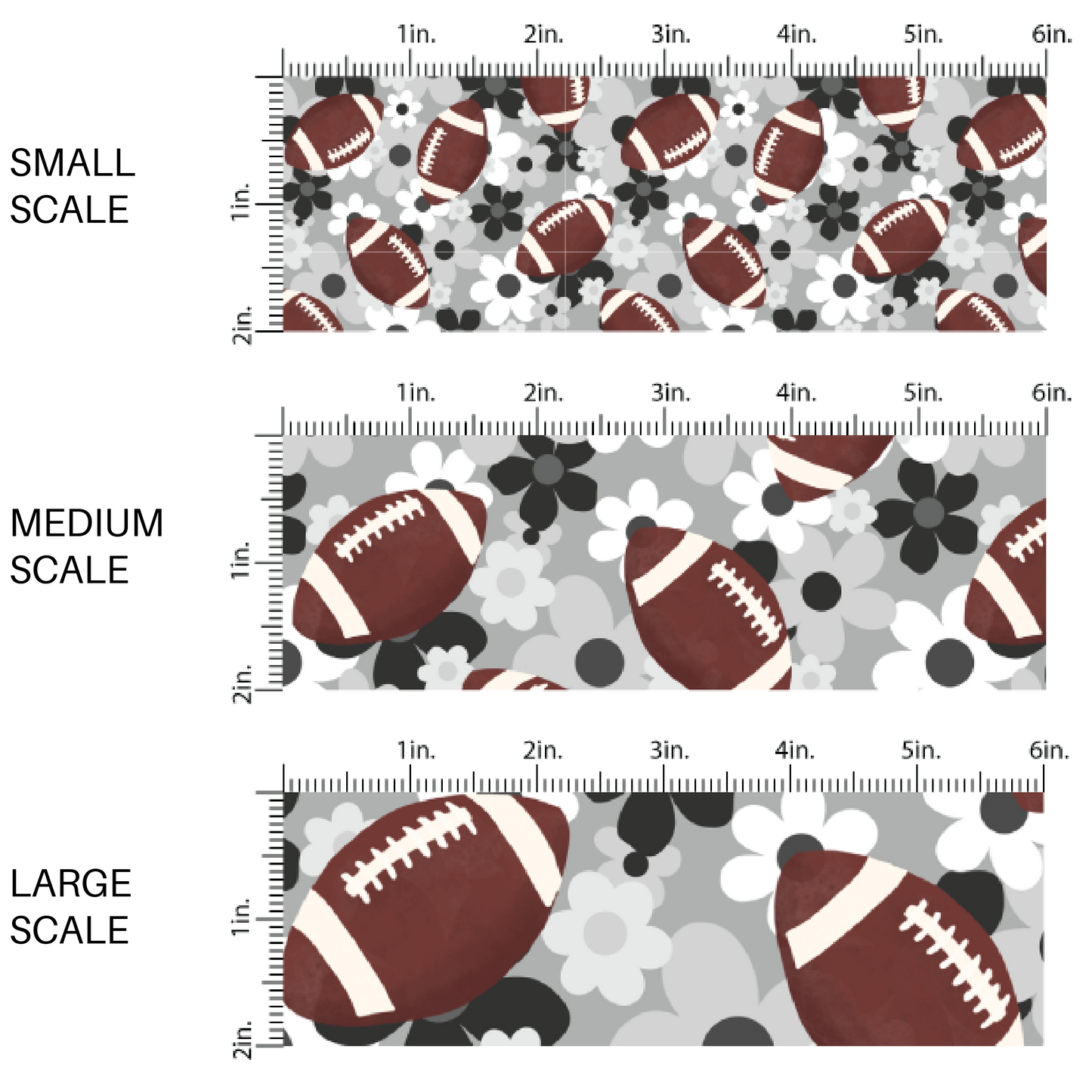 Gray fabric by the yard scaled image guide with footballs and black, white, and gray florals.