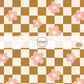 Bronze and white checkered print fabric by the yard with scattered pink daisies.