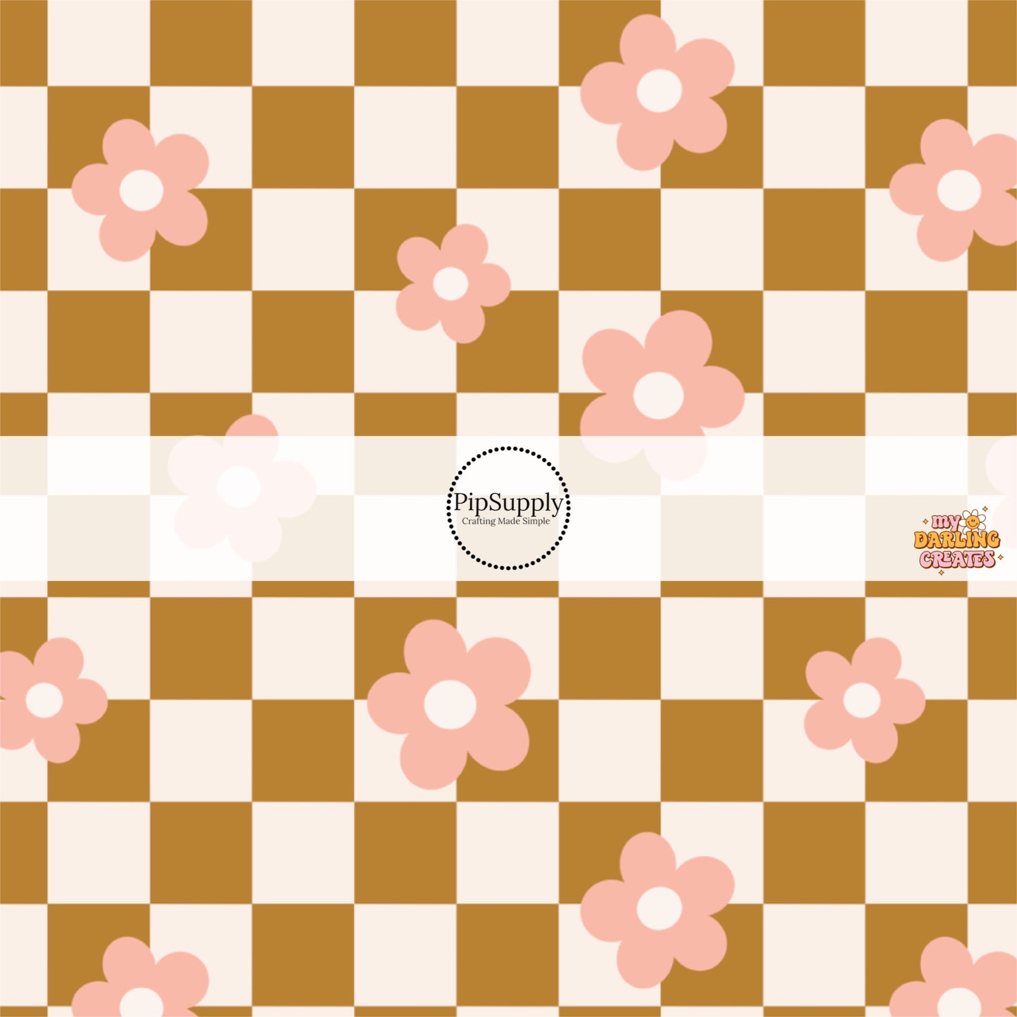 Bronze and white checkered print fabric by the yard with scattered pink daisies.