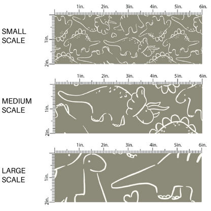 White Dinosaur Outlines and Heart Outlines on Taupe Fabric by the Yard scaled image guide.