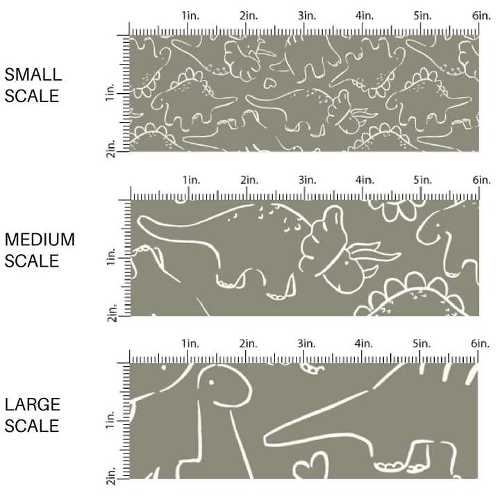 White Dinosaur Outlines and Heart Outlines on Taupe Fabric by the Yard scaled image guide.