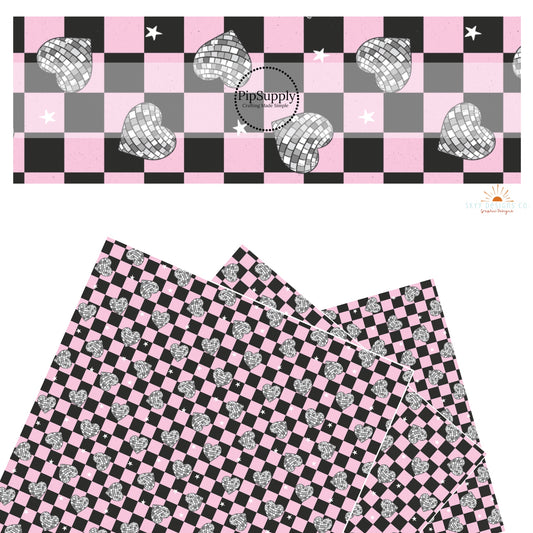 These checker pattern themed faux leather sheets contain the following design elements: light pink and black checker pattern with disco hearts. Our CPSIA compliant faux leather sheets or rolls can be used for all types of crafting projects.