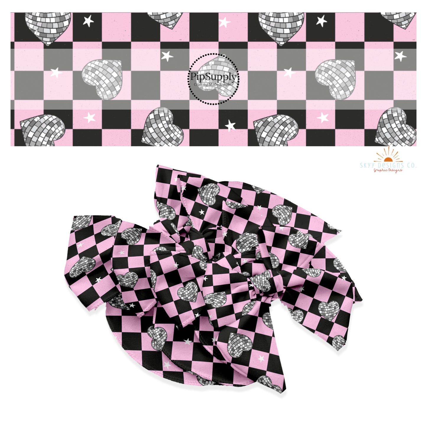 These checker pattern themed no sew bow strips can be easily tied and attached to a clip for a finished hair bow. These fun bow strips are great for personal use or to sell. The bow strips features light pink and black checker pattern with disco hearts.