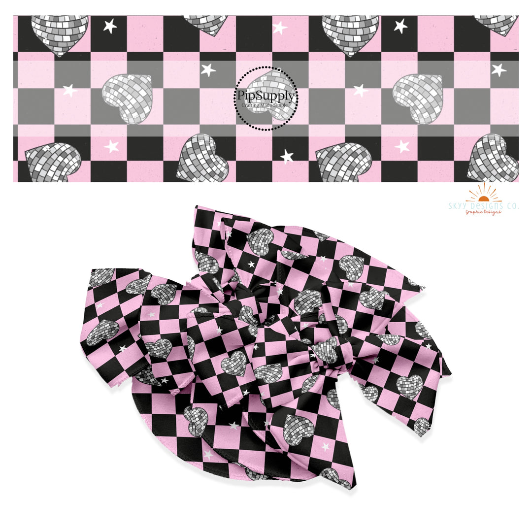 These checker pattern themed no sew bow strips can be easily tied and attached to a clip for a finished hair bow. These fun bow strips are great for personal use or to sell. The bow strips features light pink and black checker pattern with disco hearts.