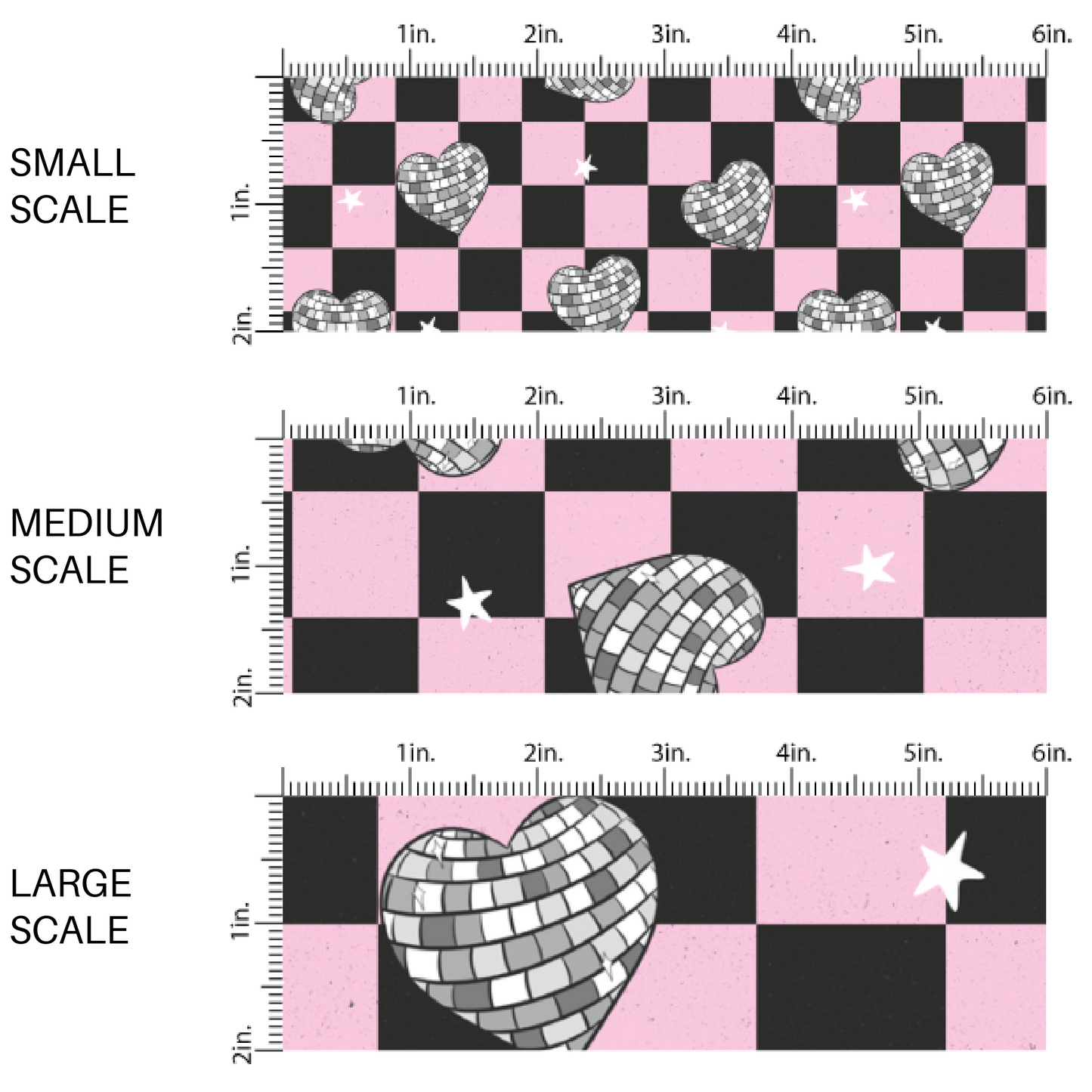 This scale chart of small scale, medium scale, and large scale of these checker pattern themed fabric by the yard features light pink and black checker pattern with disco hearts. This fun checker fabric can be used for all your sewing and crafting needs!