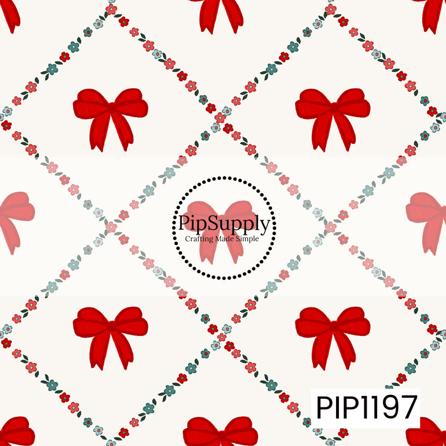 A sweet holiday pattern featuring bold red bows arranged within a delicate floral trellis. Tiny red, pink, and teal flowers with dark green leaves create a diamond lattice across a soft cream background, giving the design a charming vintage Christmas feel.
