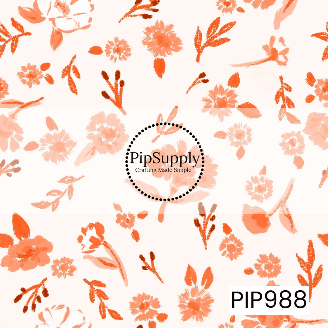 A seamless watercolor ditsy floral pattern featuring scattered wildflowers, leafy sprigs, and delicate botanical accents in warm pumpkin orange, soft peach, and rust on a light cream background. The airy hand-painted style and subtle watercolor textures create a charming, whimsical fall design.
