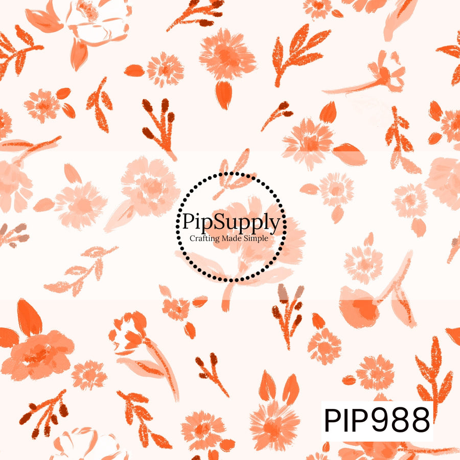 A seamless watercolor ditsy floral pattern featuring scattered wildflowers, leafy sprigs, and delicate botanical accents in warm pumpkin orange, soft peach, and rust on a light cream background. The airy hand-painted style and subtle watercolor textures create a charming, whimsical fall design.
