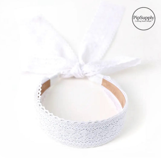 These summer doily lace tie back headbands are a stylish hair accessory and have the on and off ease of a headband. These headbands are a perfect simple and fashionable answer to keeping your hair back! The headbands feature long ribbons at the ends of the headband to tie into a bow.