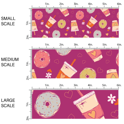This scale chart of small scale, medium scale, and large scale of these Valentine's pattern themed fabric by the yard features donuts and lattes on purple. This fun Valentine's Day fabric can be used for all your sewing and crafting needs!