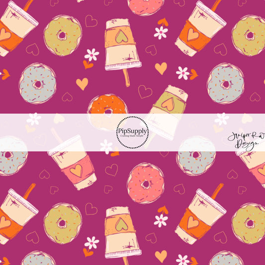 These Valentine's pattern themed fabric by the yard features donuts and lattes on purple. This fun Valentine's Day fabric can be used for all your sewing and crafting needs! 