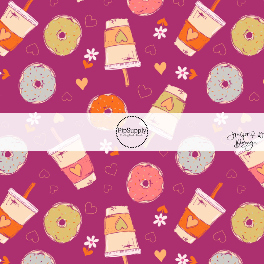 These Valentine's pattern themed fabric by the yard features donuts and lattes on purple. This fun Valentine's Day fabric can be used for all your sewing and crafting needs! 