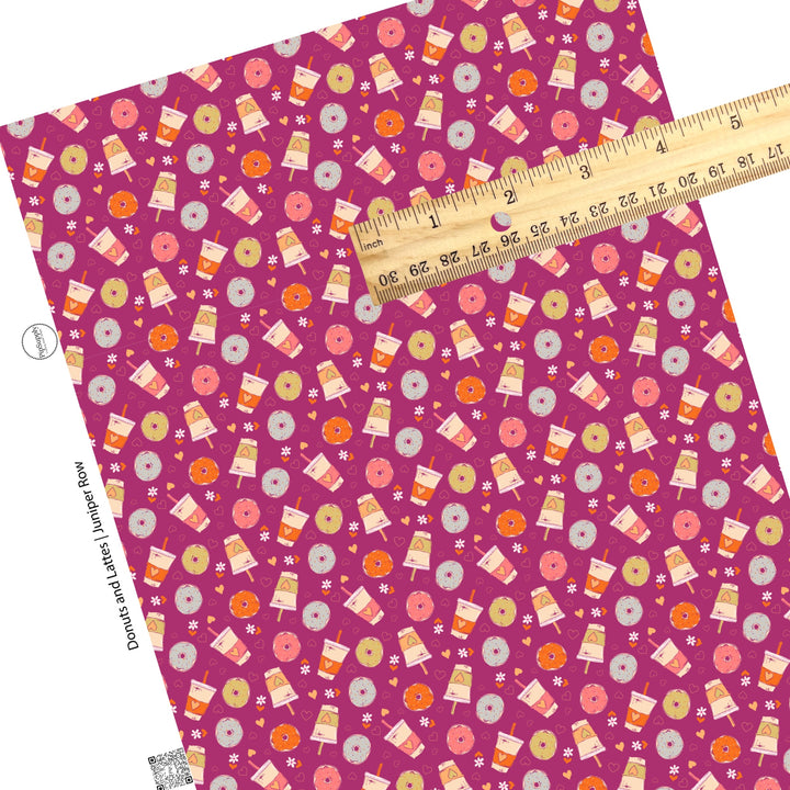 These Valentine's pattern themed faux leather sheets contain the following design elements: donuts and lattes on purple. Our CPSIA compliant faux leather sheets or rolls can be used for all types of crafting projects.