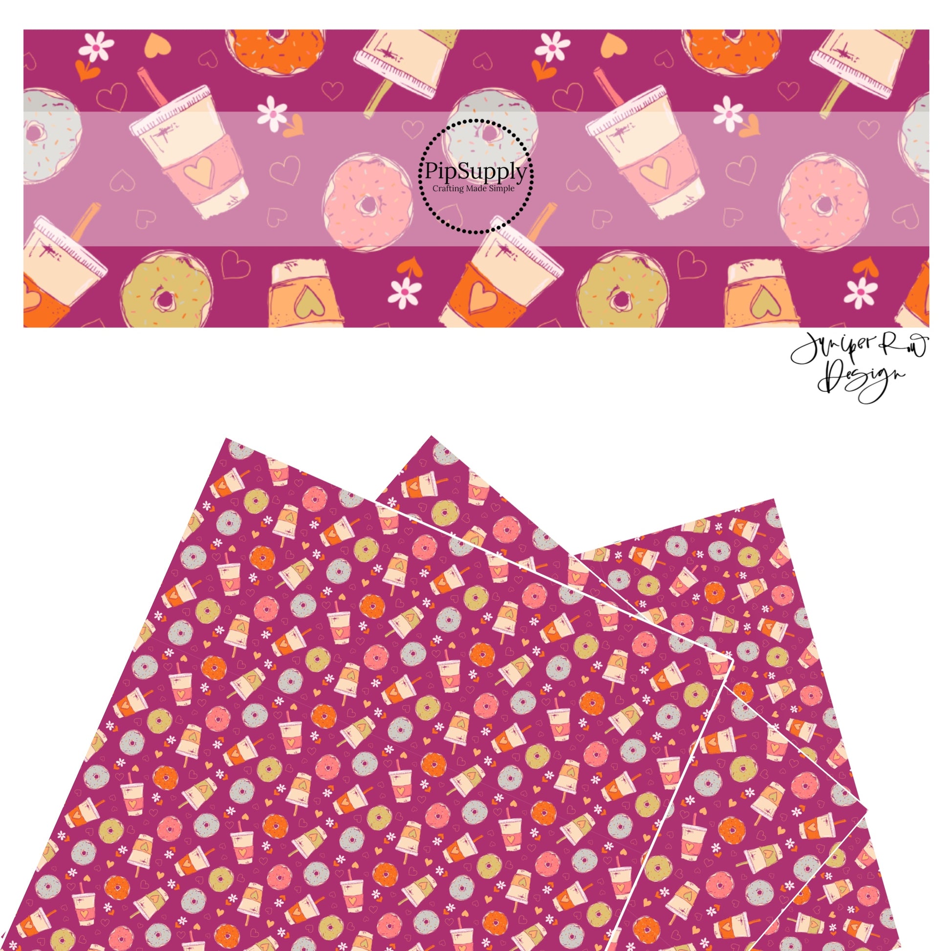 These Valentine's pattern themed faux leather sheets contain the following design elements: donuts and lattes on purple. Our CPSIA compliant faux leather sheets or rolls can be used for all types of crafting projects.